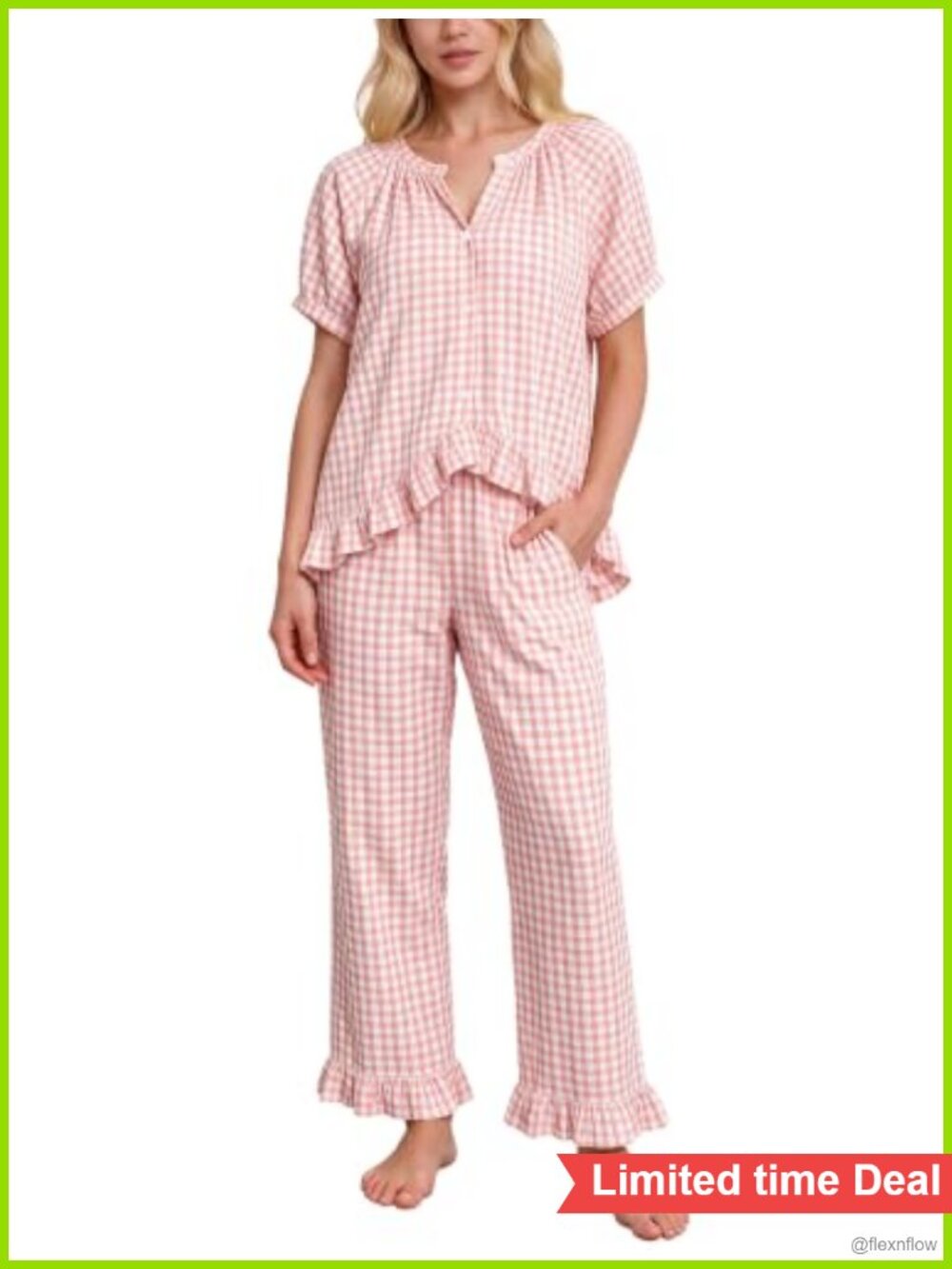 Women's Cotton Plaid Pajama Set Ruffle Babydoll Top & Gingham Pants